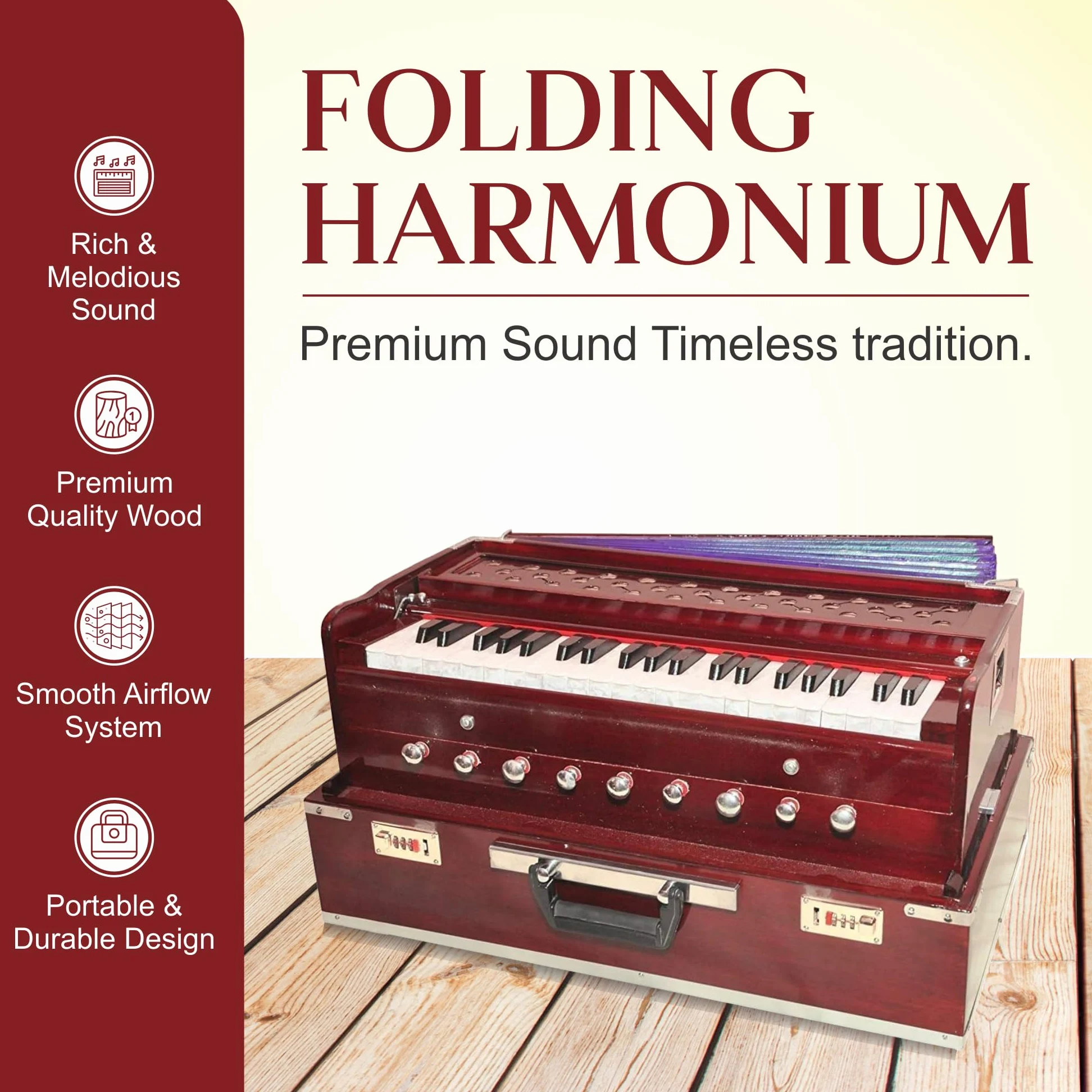 Chudidaar Harmonium 9 Stopper (tragbar), Chudidaar 7 Balg, 42 Tasten, zwei Blätter (Bass-Stecker), 3 1/2 Oktave, Koppler, Harmonium mit Abdeckung (Mahagonifarbe)