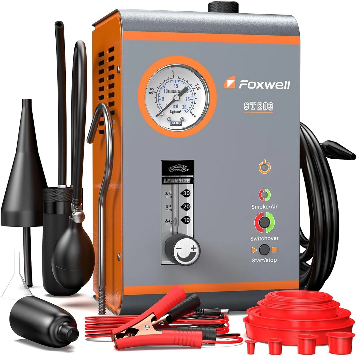 FOXWELL EVAP Nebelmaschine Kfz ST203, Professionelles Dual-Modi Rauchmaschine Kfz Lecksucher mit Druckanzeige & Durchflussanzeige für Echtzeit-Daten, Luftpumpe 16L/Min, Komplette Kit für 12V Fahrzeuge