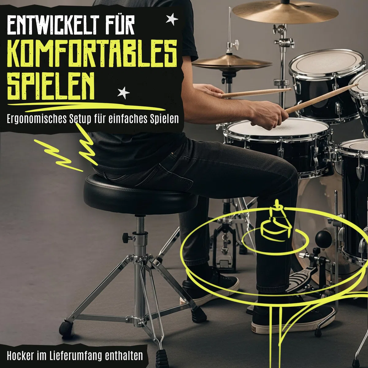 Santander Schlagzeug Set 9-teilig schwarz – Musik-Lern-Instrumentenset für Anfänger, Jugendliche & Schüler – mit Becken, Ständer, Hocker, Snaredrum, Bassdrum, Toms - in Hochglanz schwarz