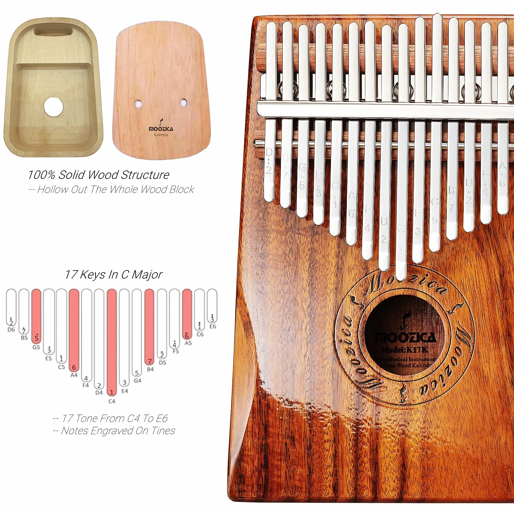 MOOZICA 17 Schlüssel Kalimba Marimba, High Qualität Professionelle Finger Daumen Piano daumenklavier Musikinstrument (Koa Holz-K17K)