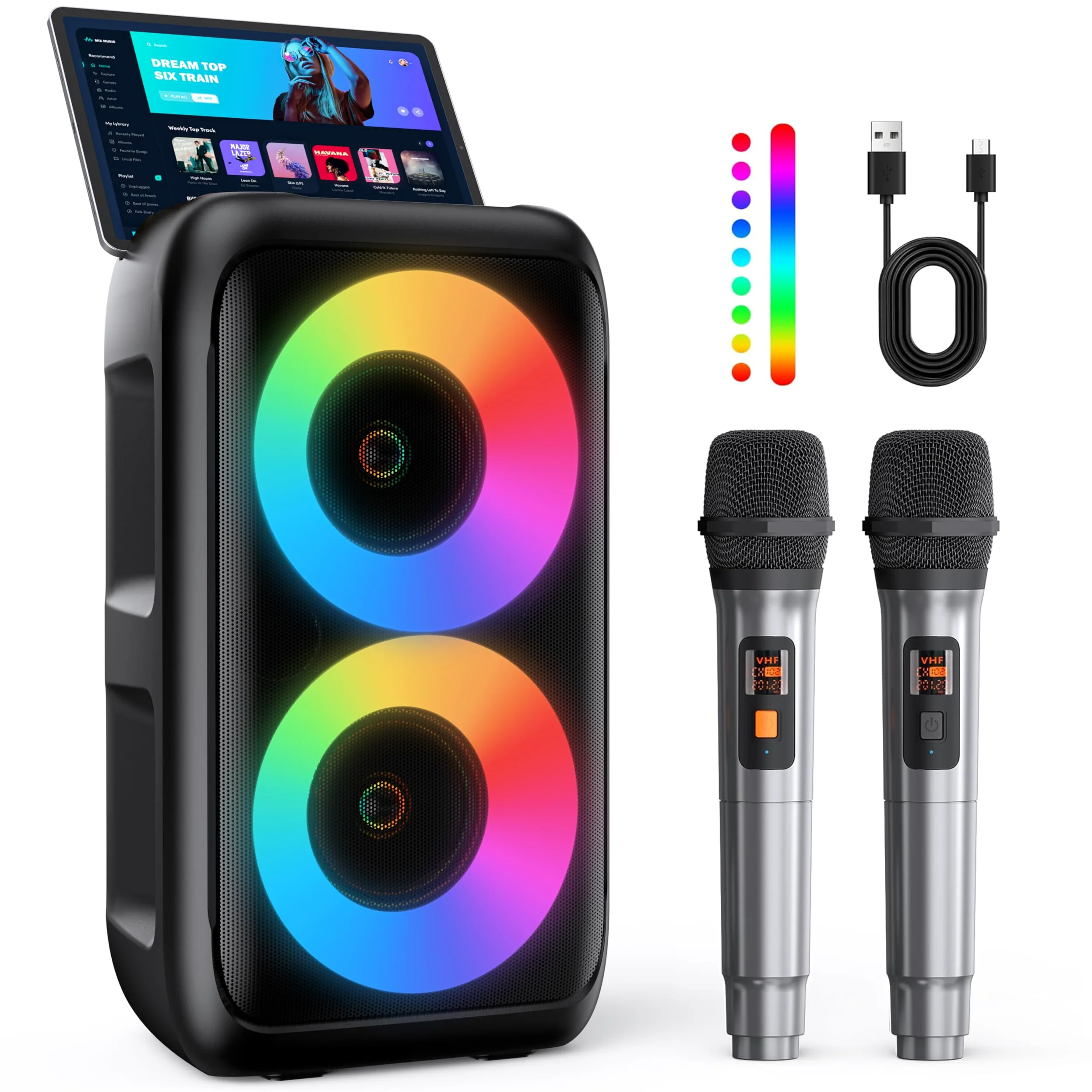 Karaoke Maschine mit 2 kabellosen Mikrofonen – 2x10W Tragbarer Bluetooth Lautsprecher, unterstützt TWS/AUX/USB/FM für TV, Smartphone & Tablet – Ideal für Party, Geburtstag & Reisen (Mic2)