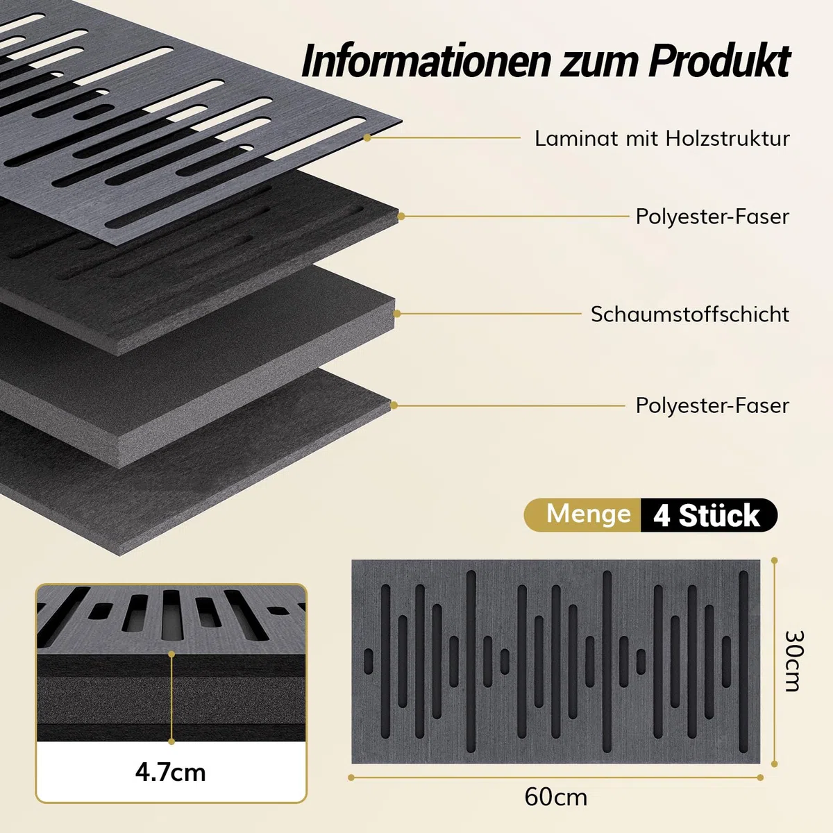 TONOR Holzfurnier Akustikpaneele Selbstklebend, 4 Stück 60 x30x4,7cm Akustikplatten Wandpaneele Holzoptik, Akustik paneele für Akustische Behandlung und Wanddekoration, Wohnzimmer, Büro, Schwarz