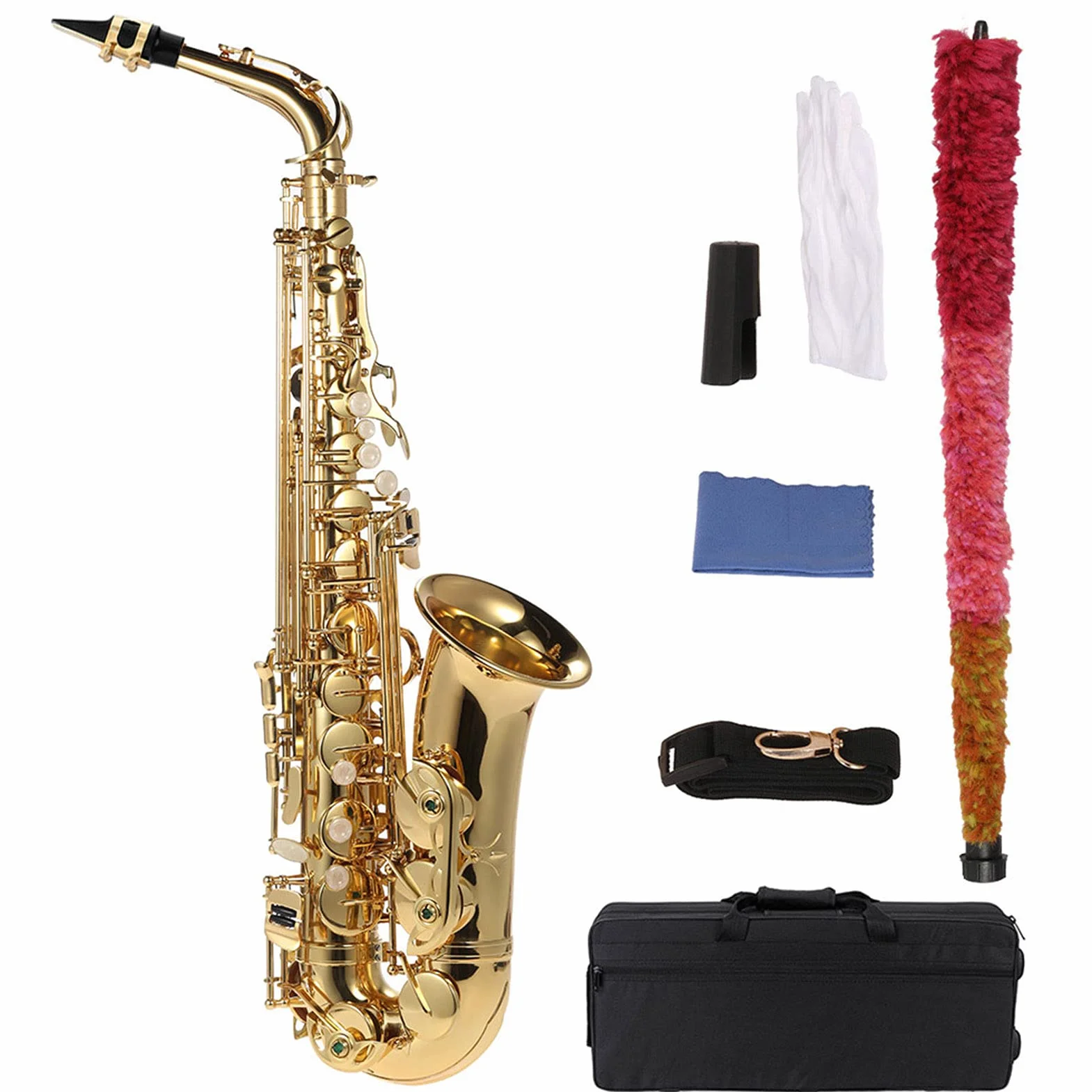 Alto Saxophon, vergoldetes Messing und Sax Becken, 802 Tonart, Woodwind-Instrument, mit Reinigungsbürste, Tuch, Handschuhen, Korkfett, gepolstertem Trageriemen