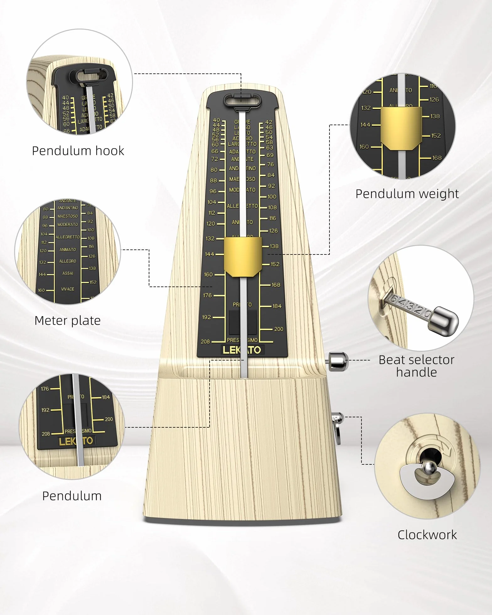LEKATO Mechanisches Metronom | Verbesserte Version mit metallenes Getriebe | Universales Metronom mit betonter Glocke für Klavier Gitarre Ukulele Violine und Chromatik - lauter Klang, hohe Genauigkeit