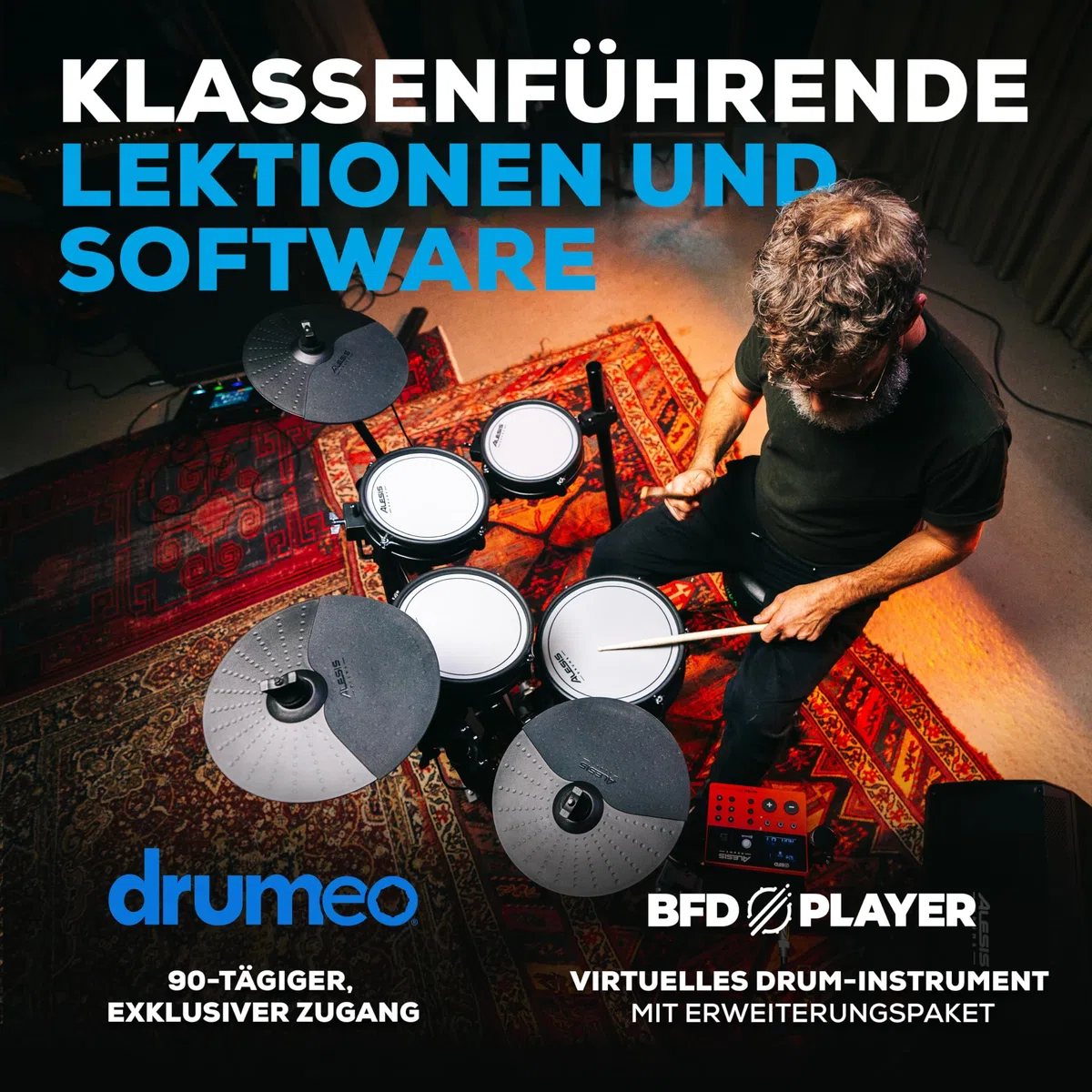 Alesis Nitro Pro Schlagzeug Elektronisch mit leisen Dual Zone Mesh Pads, 500+ authentischen BFD-Sounds, Bluetooth, Drumeo, USB-MIDI, Double Kick kompatibel