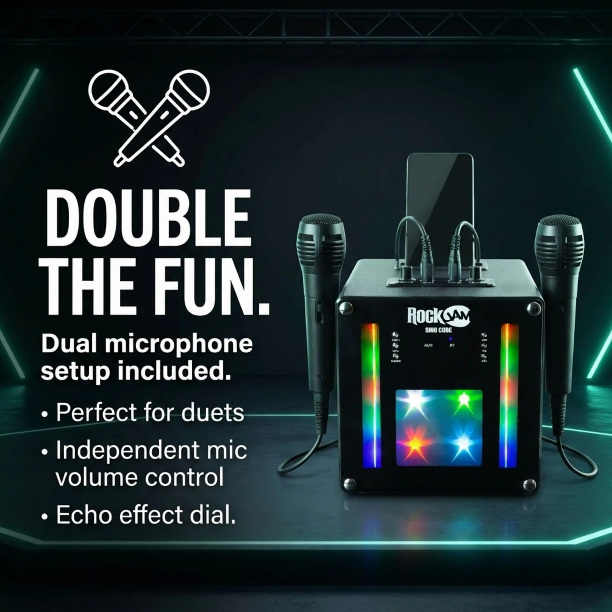 RockJam Singcube 5-Watt Rechargeable Bluetooth Karaoke Machine with Two Microphones, Voice Changing Effects & LED Lights