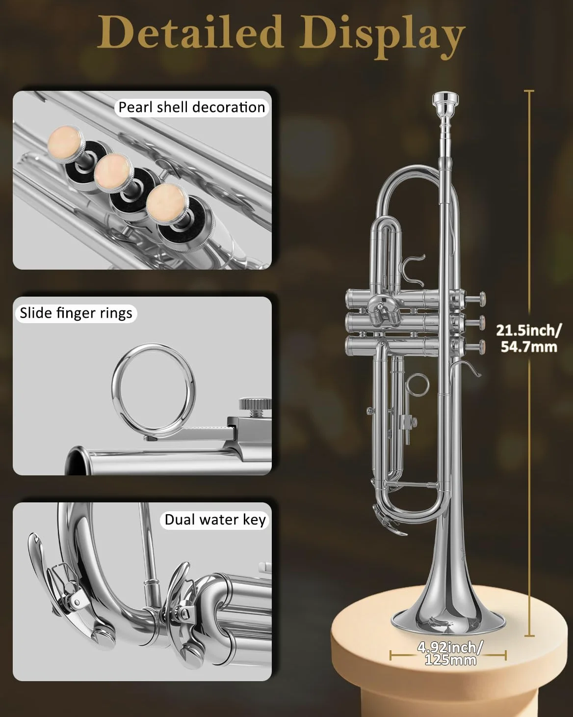 STRICH Bb Standard-Trompeten-Set für Anfänger, Blechblasinstrument für Schüler mit Hartschalenkoffer, Reinigungsset, Mundstücken 7C und 3C, Handschuhen – STR-1S, Silber