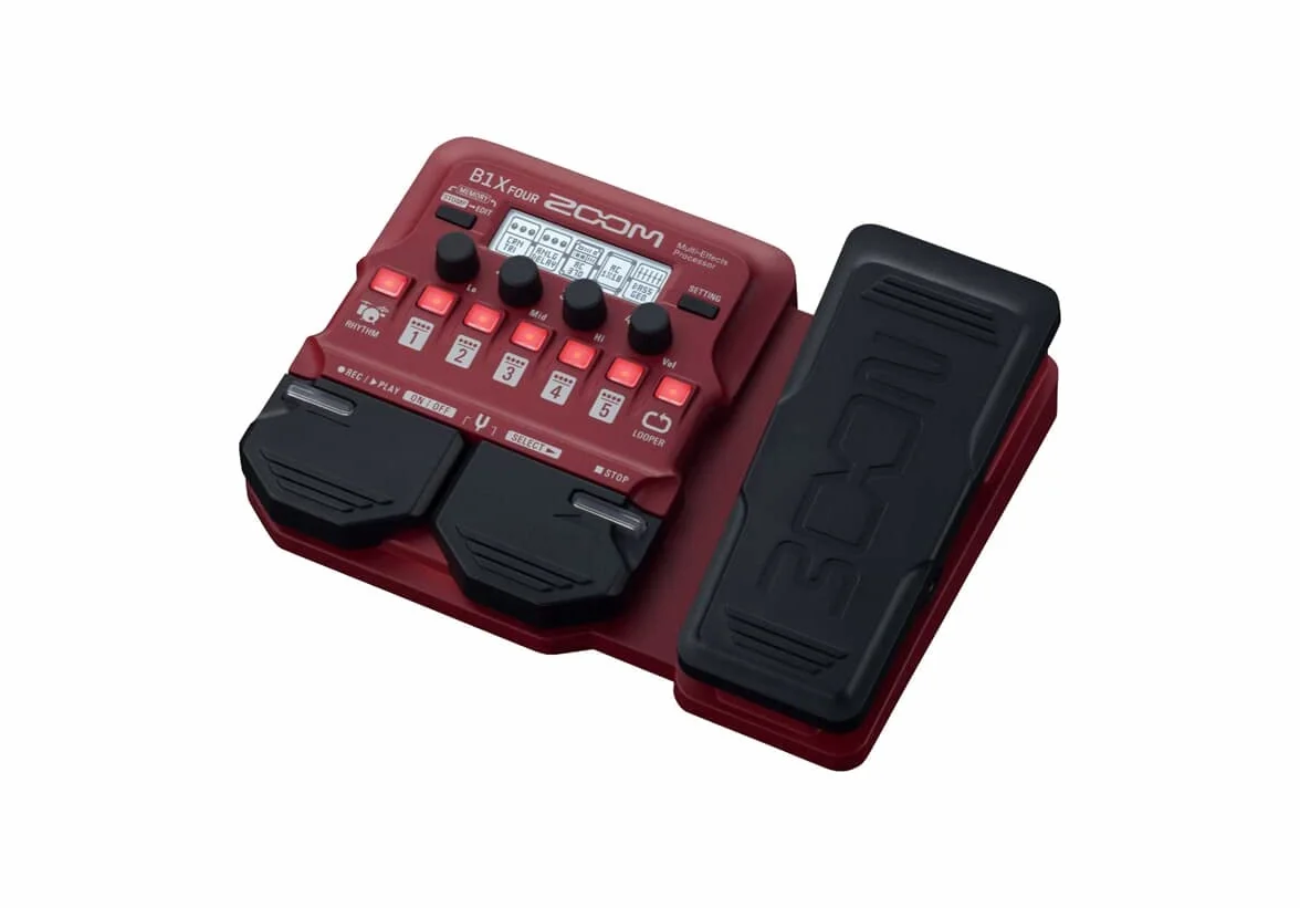 ZOOM B1X FOUR Kompaktes Multi-Effekt Expressionspedal für Bass mit Looper, Drum-Machine, 70 Effekten & Stimmgerät für Live & Recording, Bühne & Studio, rot