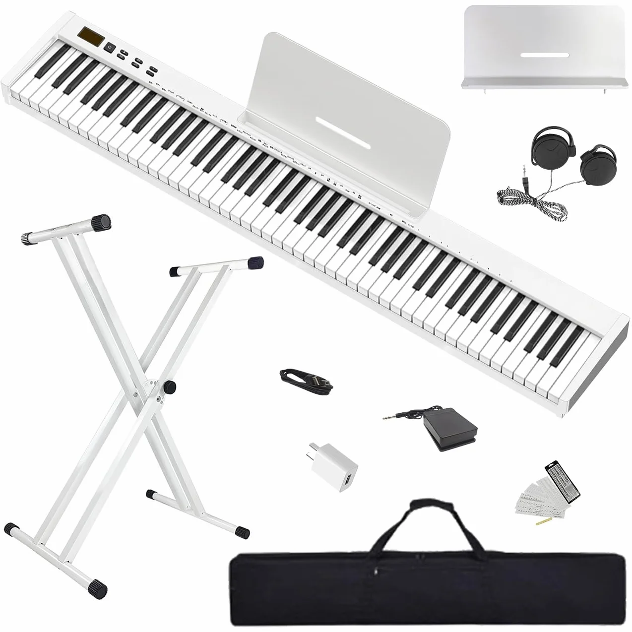 【Keyboard Piano Set mit Ständer】Longeye 88 Tasten E-Piano, Semi-Gewichtet, Kompakt und Tragbar, mit Tragetasche, Notenständer und Sustain-Pedal, Weiß (Slim-88)
