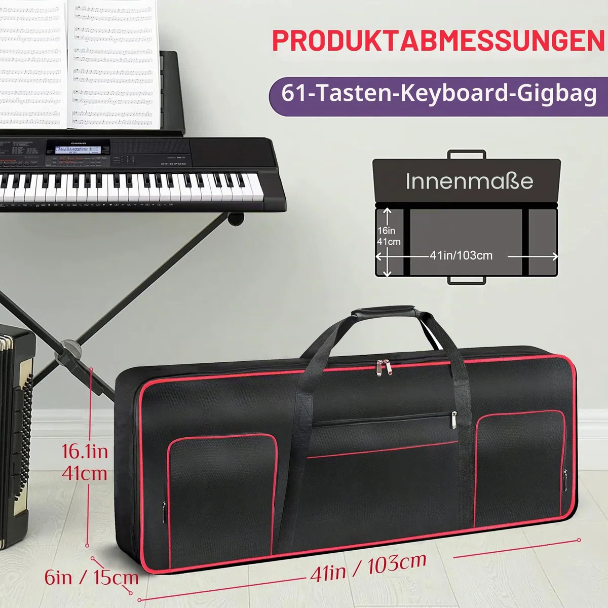 Ruibo Keyboardtasche 61 Tasten,Gigbag 600D Oxford-Tuch mit 10 mm Baumwoll-Gepolstert,Tragbar Langlebig Wasserdicht,101,6 x 40,6 x 15,2 cm,Schwarz+Rot