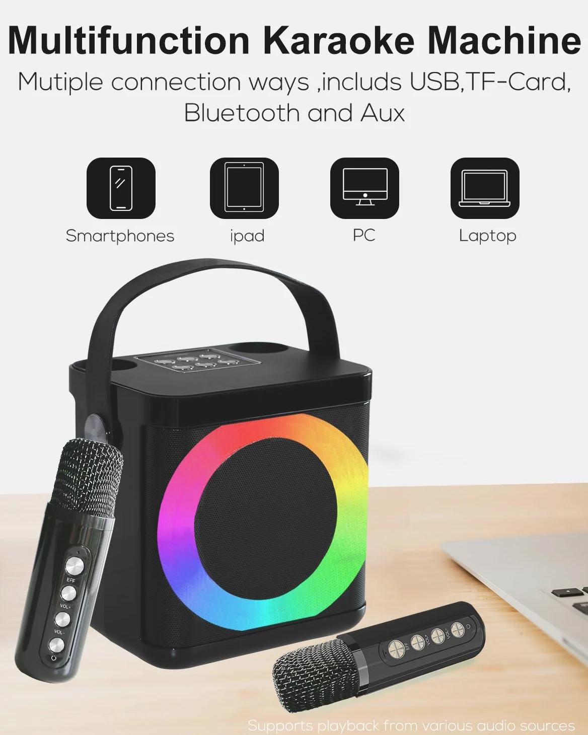 Karaoke Maschine Tragbares, Karaoke anlage mit 2 mikrofonen, Bluetooth Karaoke Set für Kinder Erwachsene mit Stimme wechselnde Effekte & LED-Lichter Jungen Mädchen Geschenke Heimparty