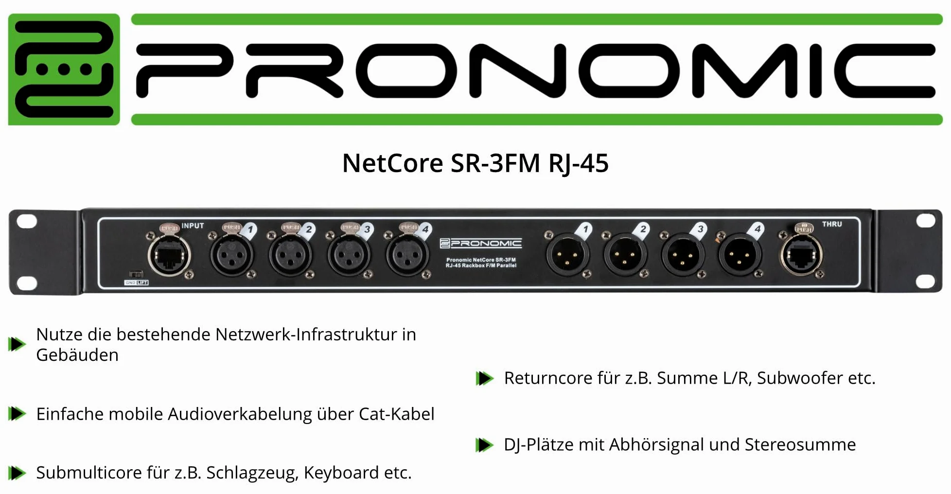 Pronomic NetCore SR-3FM Multicore-Rackbox F/M Parallel - Rackeinheit mit 4 XLR-Buchsen (female), 4 XLR-Buchsen (male) und 2x RJ45 Buchse - zur Übertragung analoger oder digitaler Signale