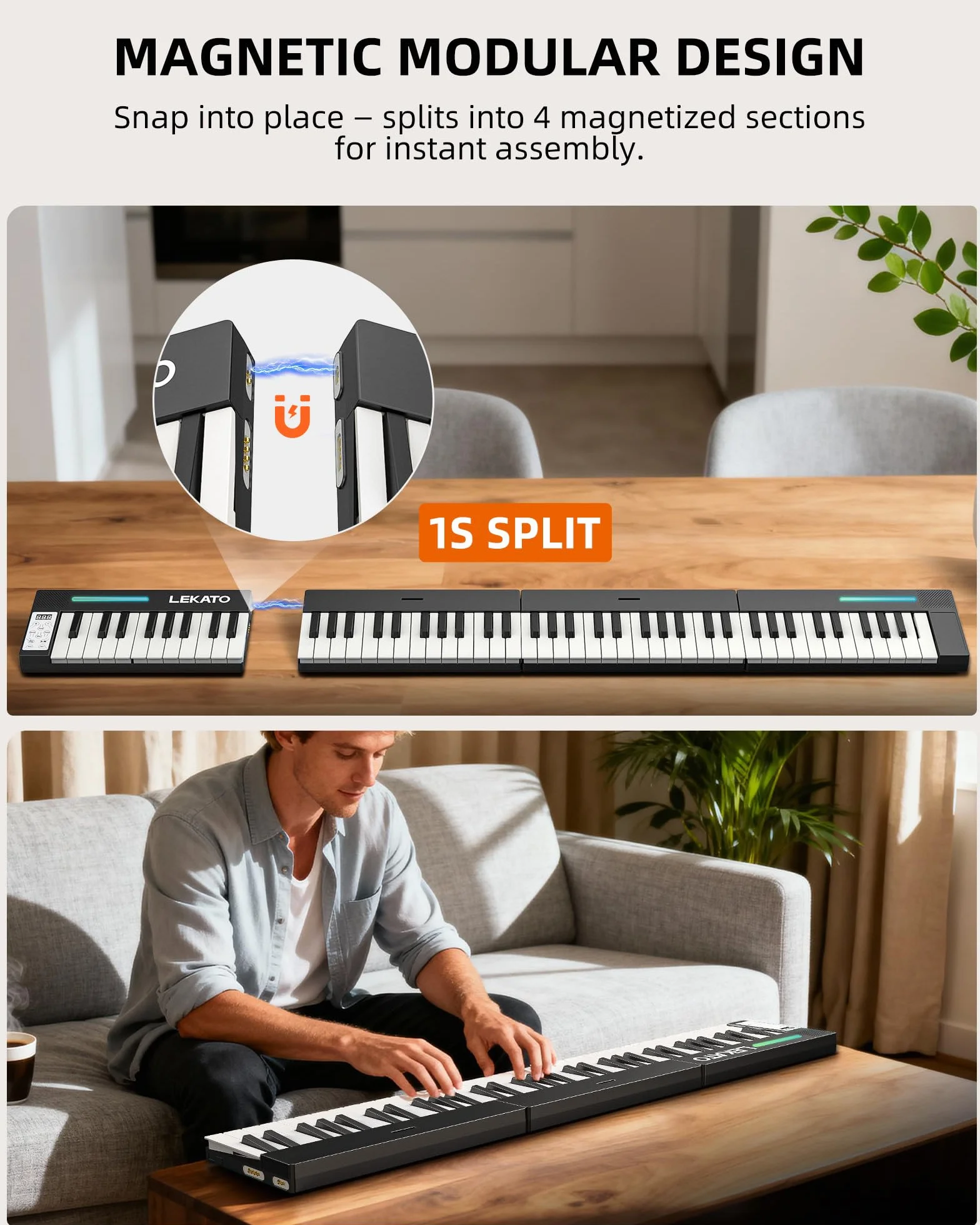 LEKATO Tragbares Piano Keyboard 88 Tasten, Magnetisch Faltbar E-Piano, 128 Sounds 128 Rhythmen Bluetooth MIDI Split Aufnahme, für Anfänger Reise Home