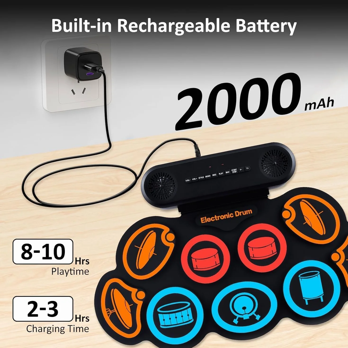 Schlagzeug Elektronisch, 9 Pads Rolling Electric Drum Pad Kits Machine Mit KopfhöReranschluss, 10 Stunden Spielzeit, 2 Eingebaute Lautsprecher (Bunt)