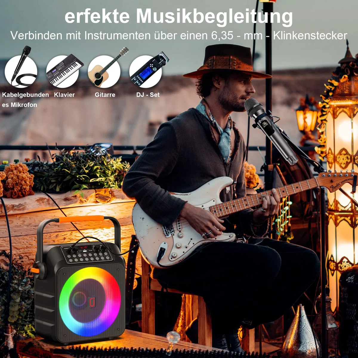 HWWR Karaoke Maschine mit 2 drahtlosen Mikrofones, Tragbaren Karaoke Anlage Lautsprecher mit RGB-Licht für Hausparty, PA-System für ErwachsenePartybox Unterstützt,TWS
