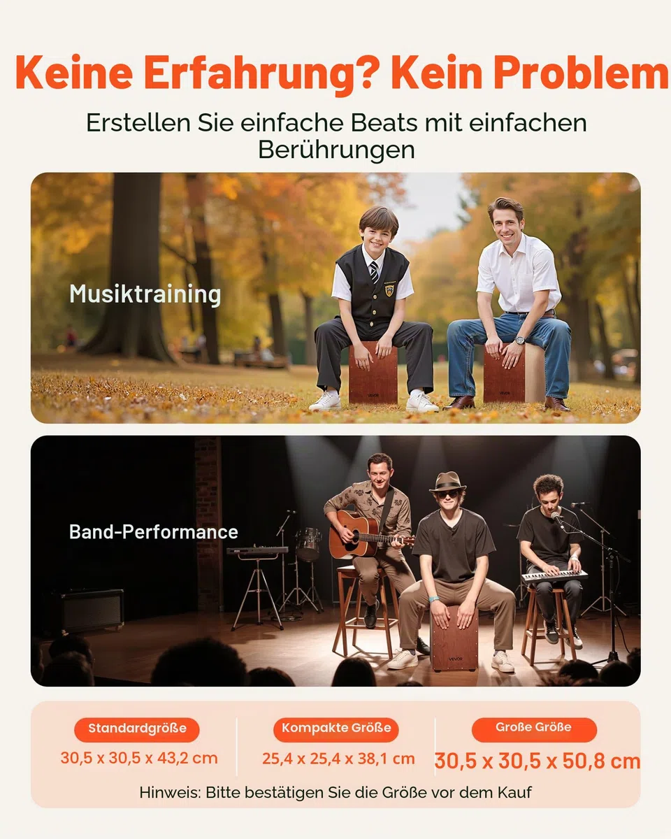 VEVOR Cajon, Kistentrommel, mit internen Snare-Drähten, kompakte & leichte Drum-Box aus Holz, Trommel-Musikinstrument mit Silikonfüßen, abgerundeten Kanten, für Anfänger & Profis, 255x255x380 mm