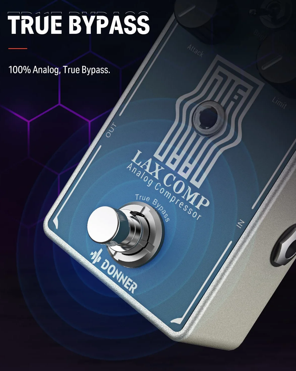 Donner Compressor Gitarrenpedal, Lax Comp Kompressor-Pedal für E-Gitarre und Bass, klassischer Peak-Limiter-Kompressor mit 2-Band-EQ-Boost-Effekt, reiner analoger True-Bypass