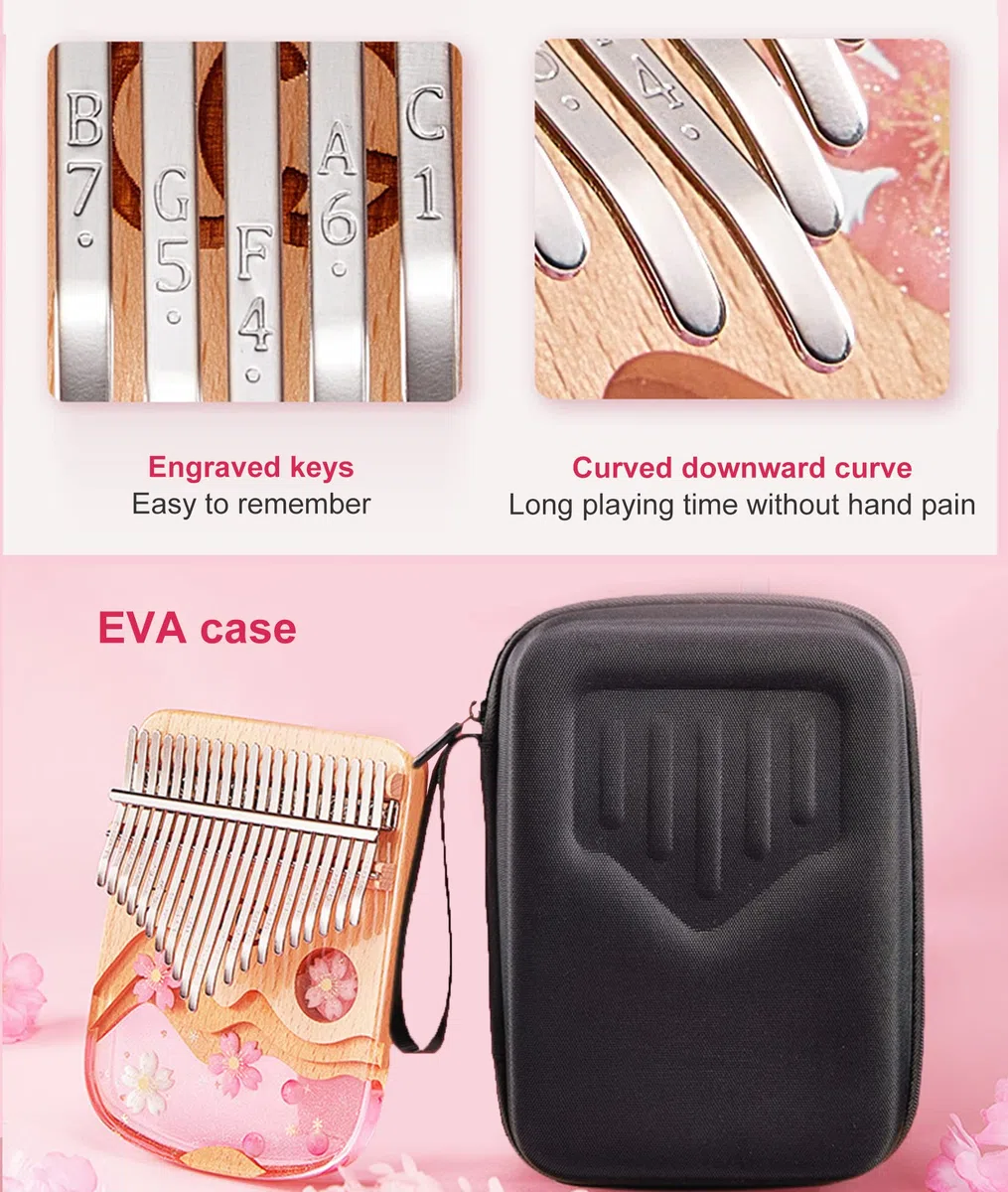 BOTOWI 21 Key Daumenklavier Crystal Kalimba, Transparentes Acryl C-Ton mit Eva-Tasche, 17 Tasten Fingerklavier Musical Geschenk, Aufkleber, Stimmhammer, Reinigungstuch,21keys Sakura