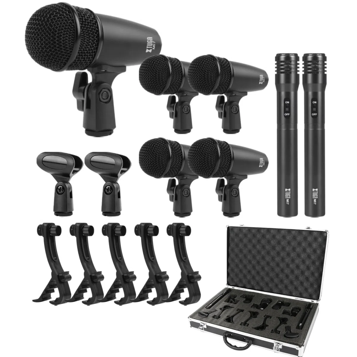 XTUGA MI7 Dynamisches Schlagzeug-Mikrofon-Set (Vollmetall) – Kick-Bass, Tom/Snare & Becken Mikrofon-Set – Verwendung für Schlagzeug, Gesang, andere Instrumente komplett mit Gewindeclip, Einsätzen