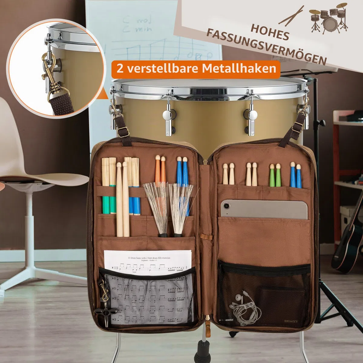 Damero Trommelstocktasche aus gewachstem Canvas, Mallet Aufbewahrungstasche mit Griff und abnehmbarem Schulterriemen, Stocktasche für Schlagzeuger, Anfänger Bands Drummer, Gigs