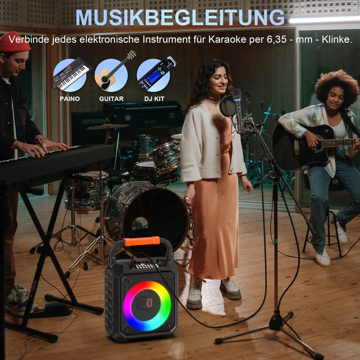 JYX Karaoke Maschine mit 2 kabellosen Mikrofonen, Bluetooth 5.3, 80W Lautsprecher, 6,5-Zoll-Bass, bis 12 Std., LED-Licht, USB/TF/AUX, tragbares Karaoke Set für Kinder und Erwachsene