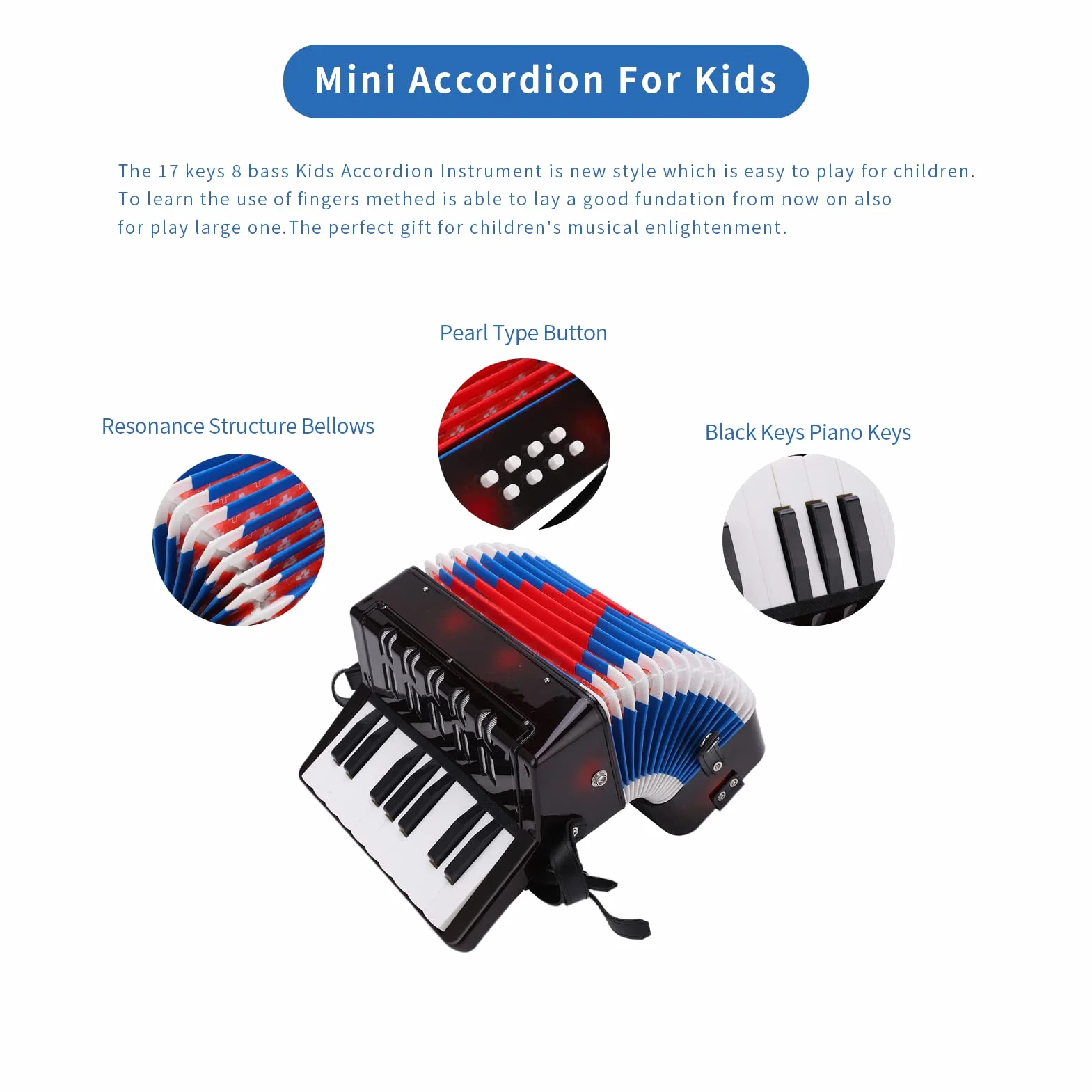 Akkordeon, 17 Tasten, 8 Basskn?pfe, Mini-Akkordeon-Instrument, Spielzeug-Akkordeon-Musikinstrument mit Einziehbarem Lederriemen f¨¹r, Anf?nger, Sch¨¹ler, P?dagogisch