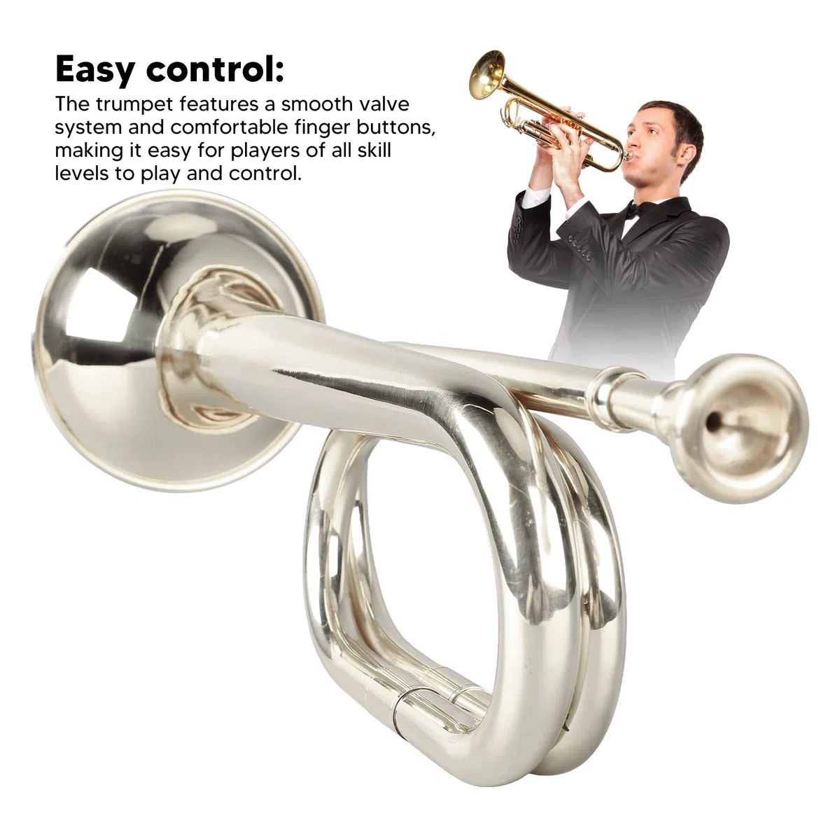 Fockety Bugle Kavallerie-Trompete, Blechblasinstrument, Militärstil, Anfängerfreundlich, C-Taste, Messingtrompete mit Mundstück, Trompete, Messing, Silber