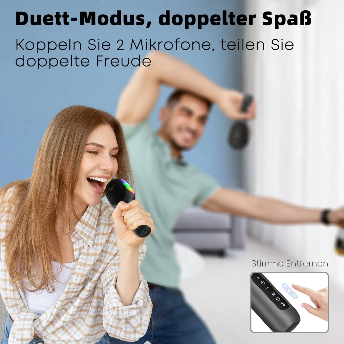StageSound Karaoke Mikrofon mit Bluetooth, Handmikrofon mit Vocal-Cancel Funktion, HD-Sound & LED-Lichteffekte, Aufnahmefunktion, FM/AUX Verbindung, 4 Stimm-Modi, für Erwachsene & Kinder