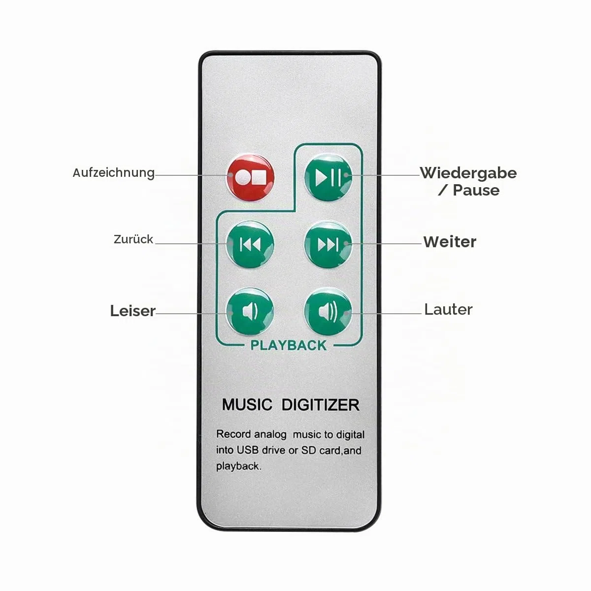 Digitaler Audio-Rekorder mit 3,5 mm- und Cinch-In-Anschlüssen und Fernsteuerung, Aufnahme als MP3-Datei