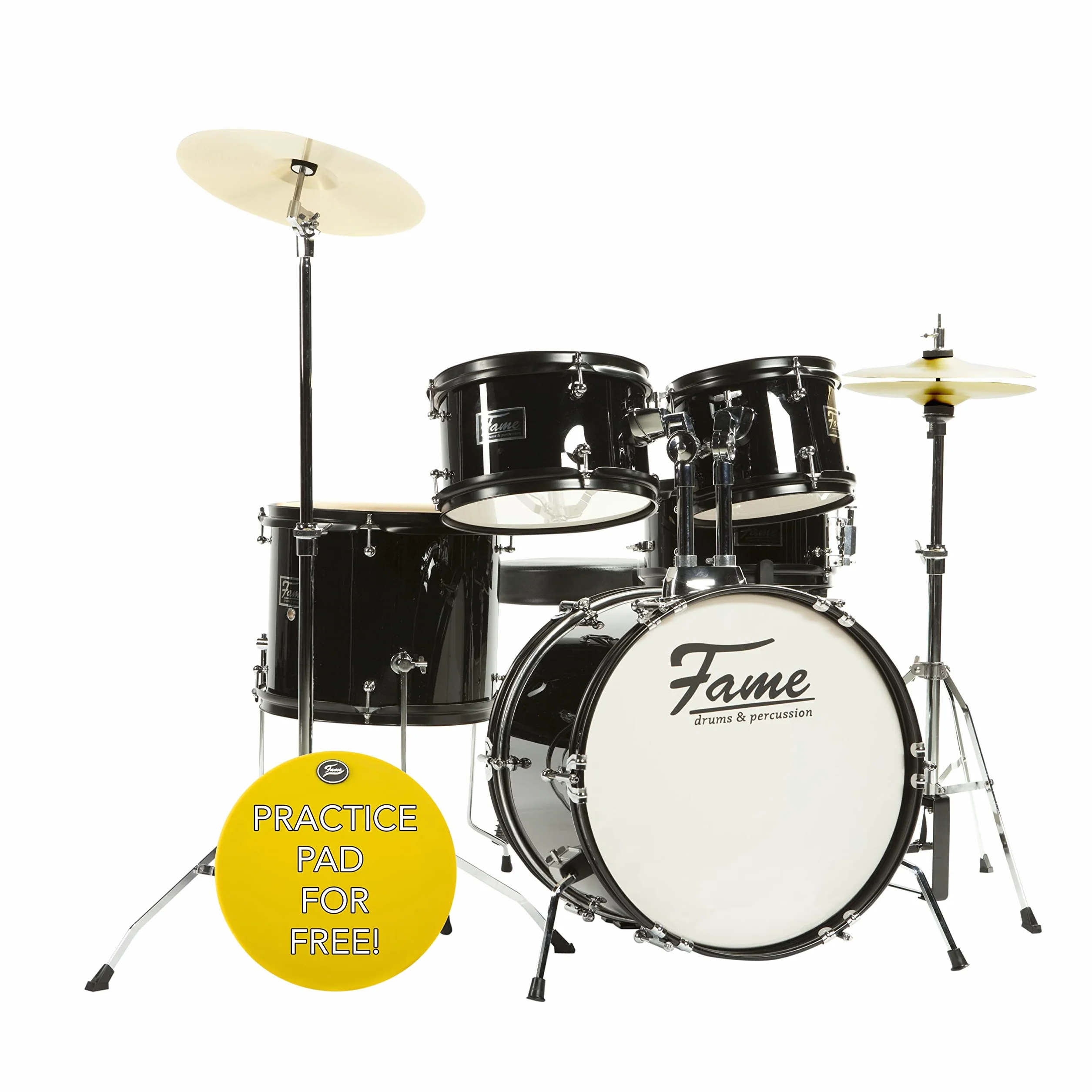Fame 5 PC Drumset Black, Schlagzeug mit Bass Drum, Tom-Tom, Snare, Hardware und Hocker, inklusive Zubehör und Drumsticks. Perfekt für Einsteiger und Musikliebhaber
