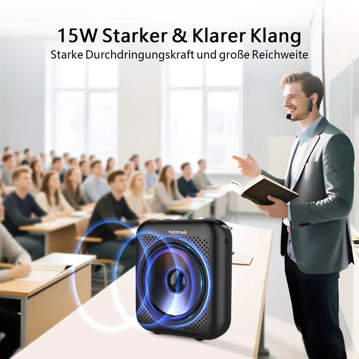 Norwii Kabelloser Sprachverstärker für Lehrer, Tragbarer Bluetooth Lautsprecher mit 2 Headsets, Mini Megafon PA-Endstufen für den Unterricht, Reiseleiter & Reden, 15W Leistung, 5200mAh Akku