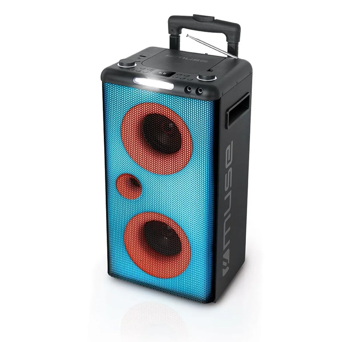 MUSE M-1928 DJ Trolley-Soundanlage, Komplett Beleuchtet mit Display, CD-Player und Radio, Akkubetrieben, mit Party-Licht-Effekten, Mobile Musikbox, Bluetooth Lautsprecher mit Mikrofon