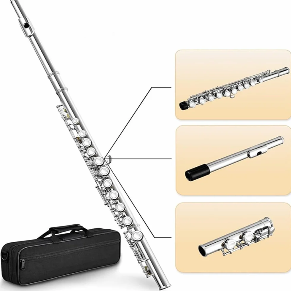 16 Geschlossene Offene Löcher C-Tonart Professionelles Querflöte Konzertmusikinstrument mit Box Reinigungstuch Stockhandschuhe