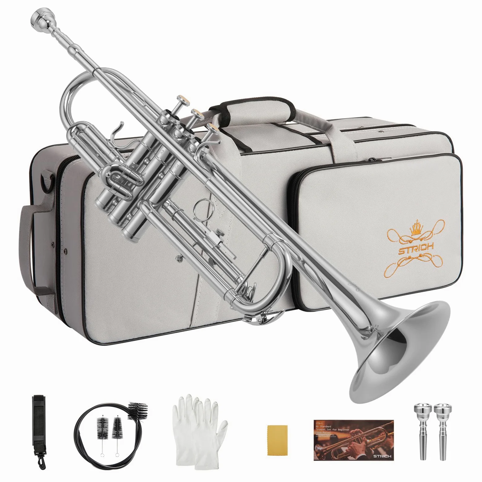 STRICH Bb Standard-Trompeten-Set für Anfänger, Blechblasinstrument für Schüler mit Hartschalenkoffer, Reinigungsset, Mundstücken 7C und 3C, Handschuhen – STR-1S, Silber