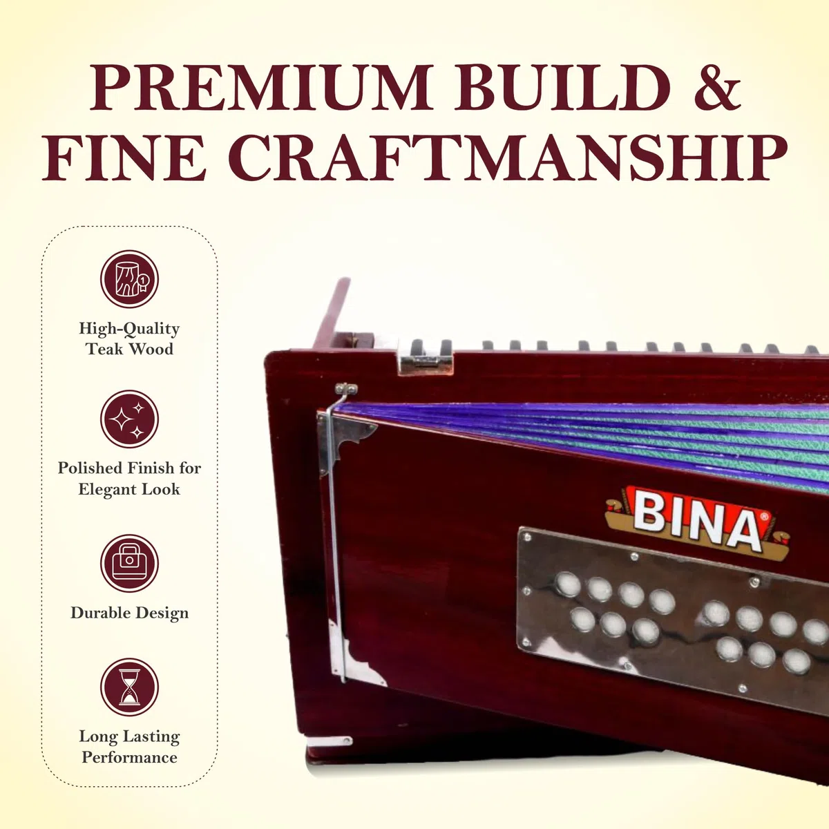 Harmonium BINA Nr. 23B Dx. 3 1/2 Oktaven tragbare Kirsche, 2024 Edition, klein, tragbar, kompakt, Safri, natürliche Farbe, Kirtan, indische Tastatur