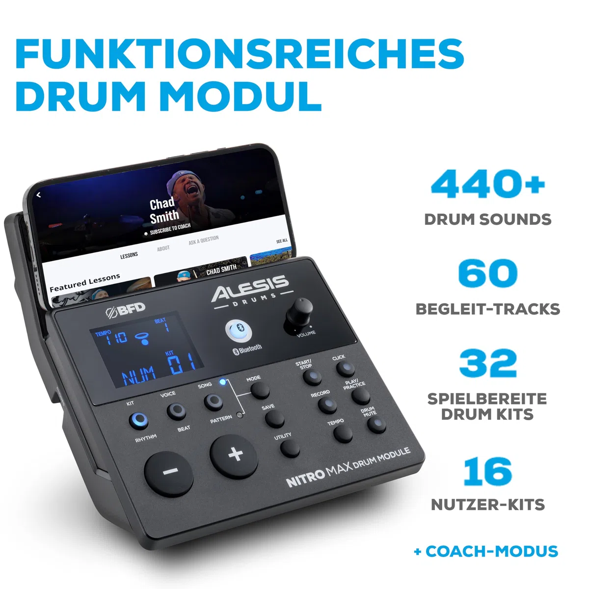 Alesis Nitro Max Kit 10-teiliges Elektronische Schlagzeug mit Quiet Mesh Pads, 10" Dual Zone Snare, Bluetooth, 440+ Sounds, Drumeo, USB MIDI, Kick Pedal