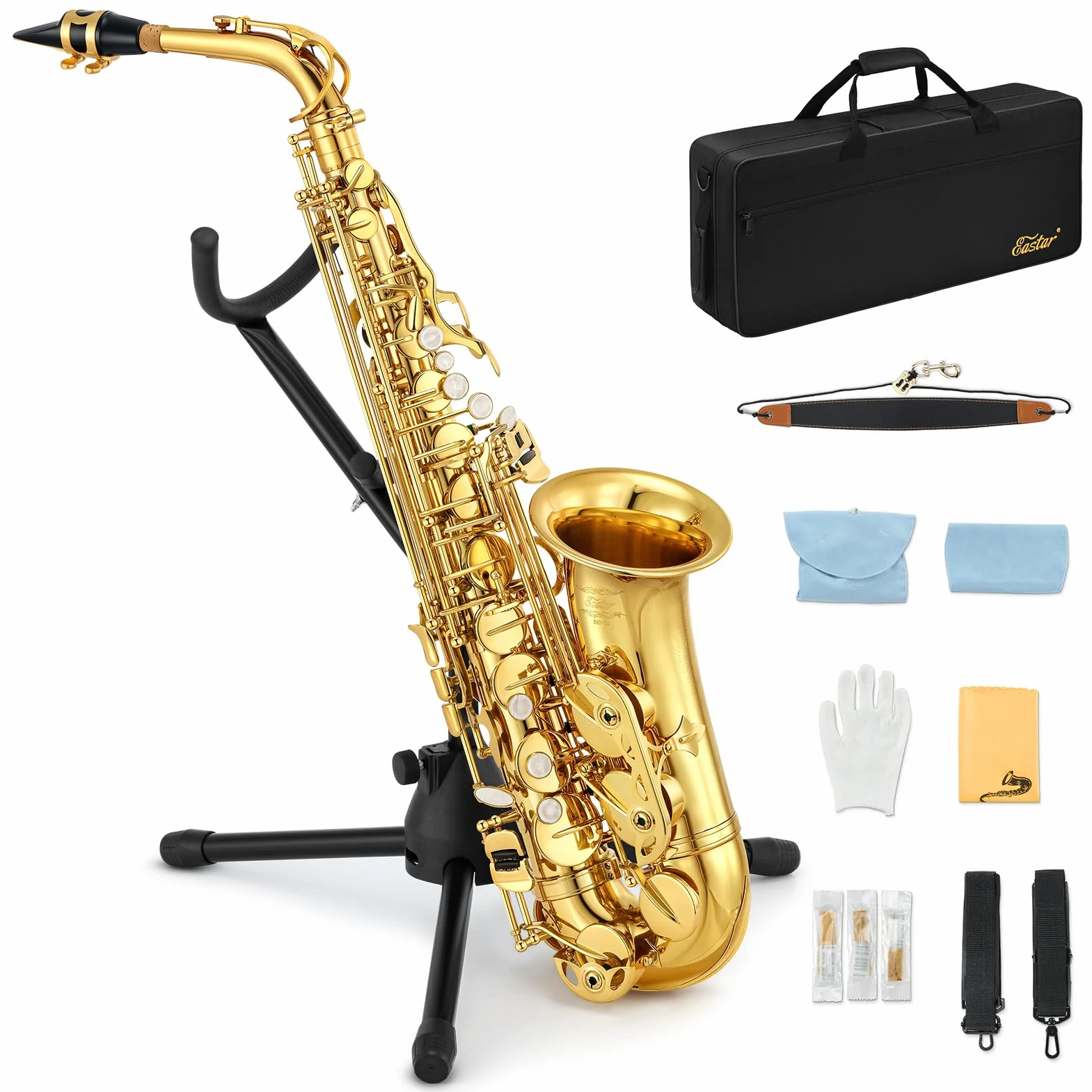 Eastar Altsaxophon für Studenten, E-Flat, Goldlack, Altsaxophon für Anfänger, komplettes Set mit Saxophonkoffer, Mundstückriemen, Schilfständer, AS-Ⅱ