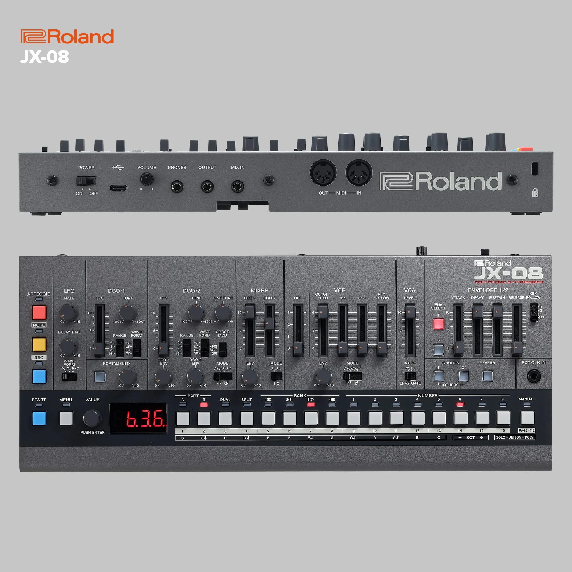 Roland JX-08 Soundmodul Boutique-Synthesizer – Kompakte, moderne Nachbildung des legendären Roland JX-8P von 1985 mit neuen Effekten, polyphonem Sequencer und mehr – Leicht, mobil