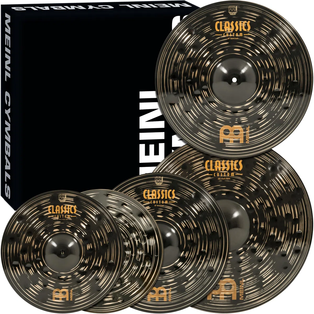 Meinl Becken Set Box Pack mit 14 Zoll Hihats, 20 Zoll Ride, 16 Zoll Crash, plus gratis 18 Zoll Crash - Classics Custom Dark - Made in Germany | B12 Bronze Becken für Schlagzeug, 45,6 cm, 40,6 cm, 45,6 cm, 45,7 cm, 45,7 cm, 50,8 cm