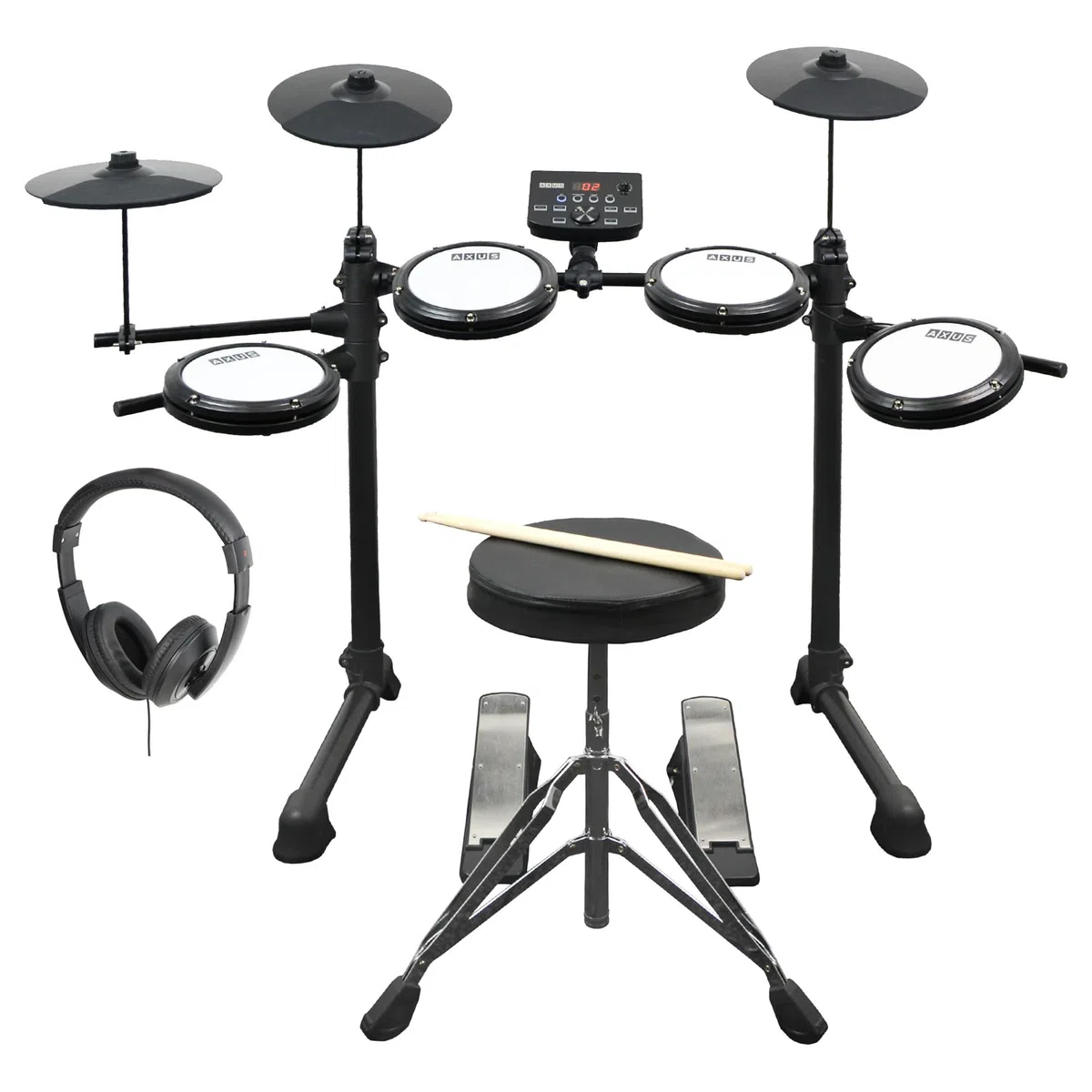 Axus AXK4 Elektronisches Schlagzeug-Starter-Set für Anfänger mit leisen Mesh-Schlagzeug-Pads, Sticks, Hocker und Kopfhörer