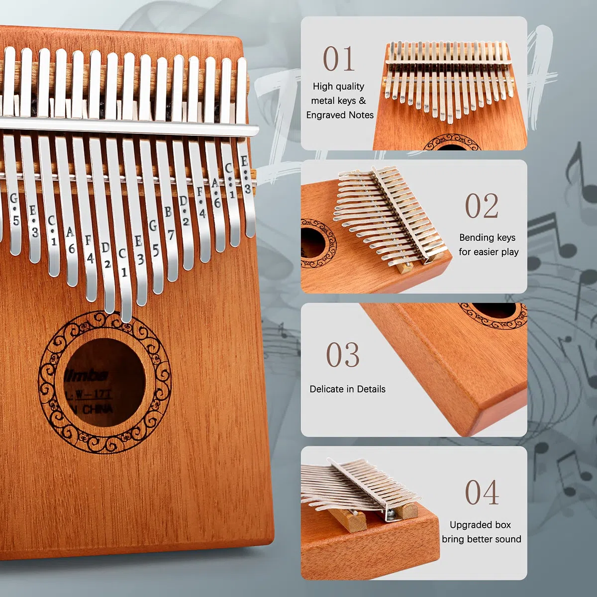 Kalimba Daumenklavier, YUNDIE tragbares 17 Tasten, Mbira-Fingerpiano mit Melodienhammer und Lernanleitung, Musikinstrumente, Geburtstagsgeschenk für Kinder, Erwachsene, Anfänger, Profis (braun)