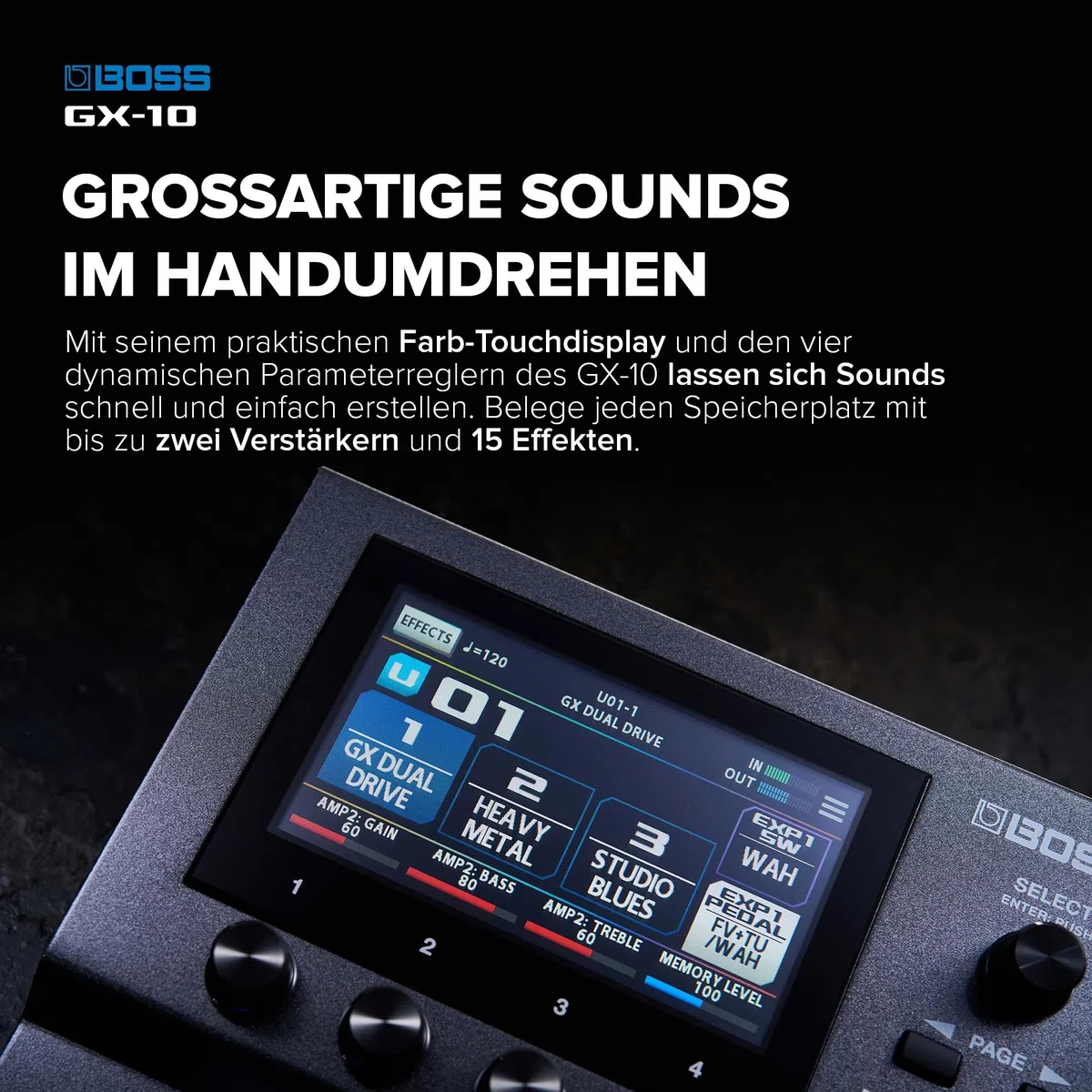 BOSS GX-10 | Compact Guitar & Bass Effects Processor | GX-100 Sound Engine | Colour Touch Display | 32 Amp Types & 170 BOSS Effects | Multi-mode Footswitches & Expression Pedal | AIRD Technology