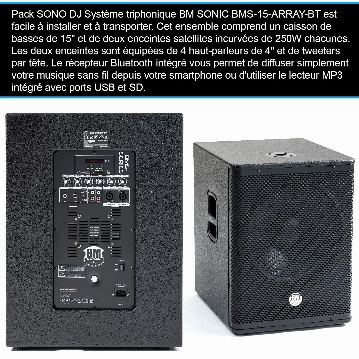 Sono DJ 1200 W BM Bmsonic 2 Satellitenlautsprecher enorme SUB 38 cm USB/Bluetooth, 2 Mikrofone, Animation, Hochzeit, Taufe, Abend