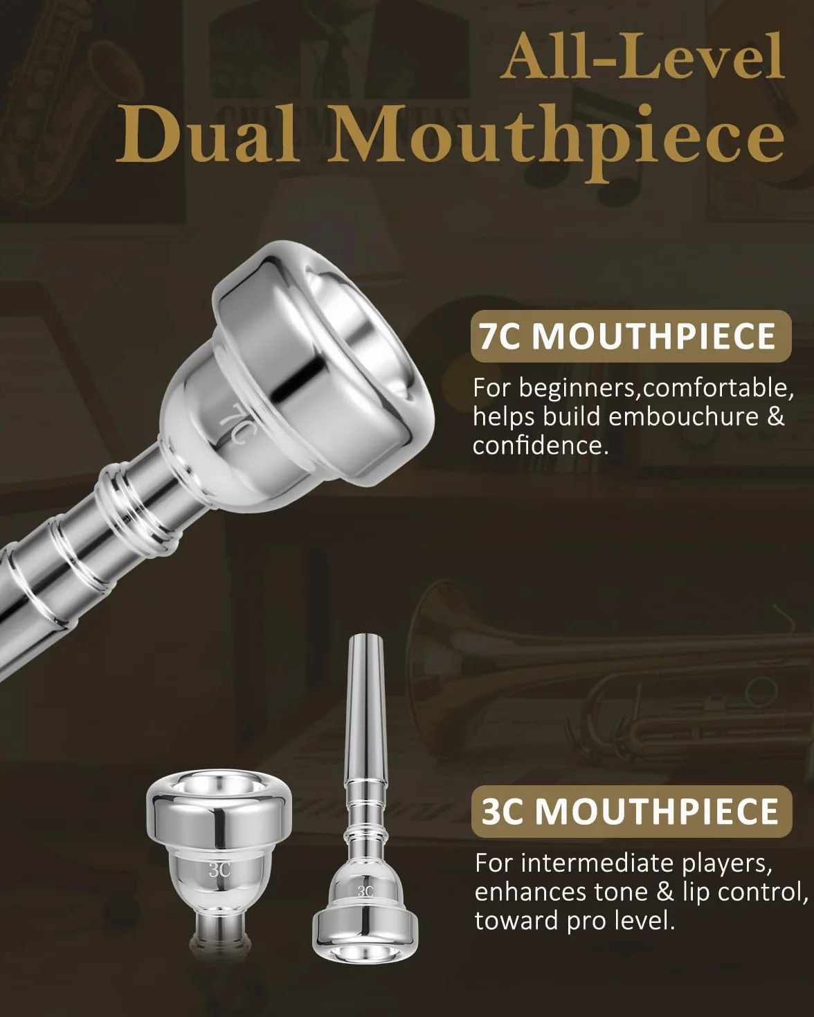 STRICH Bb Standard-Trompeten-Set für Anfänger, Blechblasinstrument für Schüler mit Hartschalenkoffer, Reinigungsset, Mundstücken 7C und 3C, Handschuhen – STR-1S, Silber