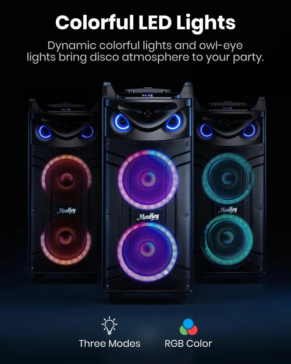 Moukey Karaoke Maschine Große Karaoke Anlage mit 2X 26cm Woofer & 8cm Tweeter & 2 Mikrofonen, Wiederaufladbarer Bluetooth Lautsprecher mit Lichteffekt Tablettenhalter TWS/Rec/AUX/USB/TF/FM für Party