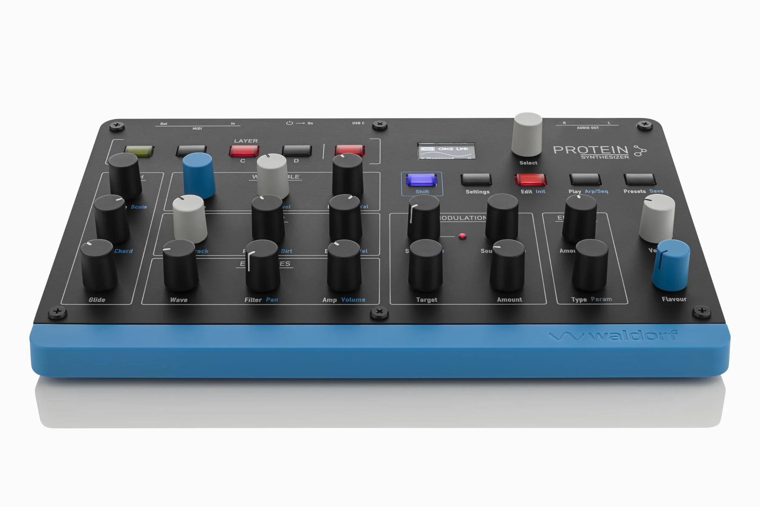 Waldorf Protein – 8-stimmiger Wavetable-Synth mit Microwave-ASIC-Oszillatoren, 4 Layer, Arpeggiator, Step-Sequencer, MPE, 2 Effektslots, USB-MIDI, kompakt & leicht