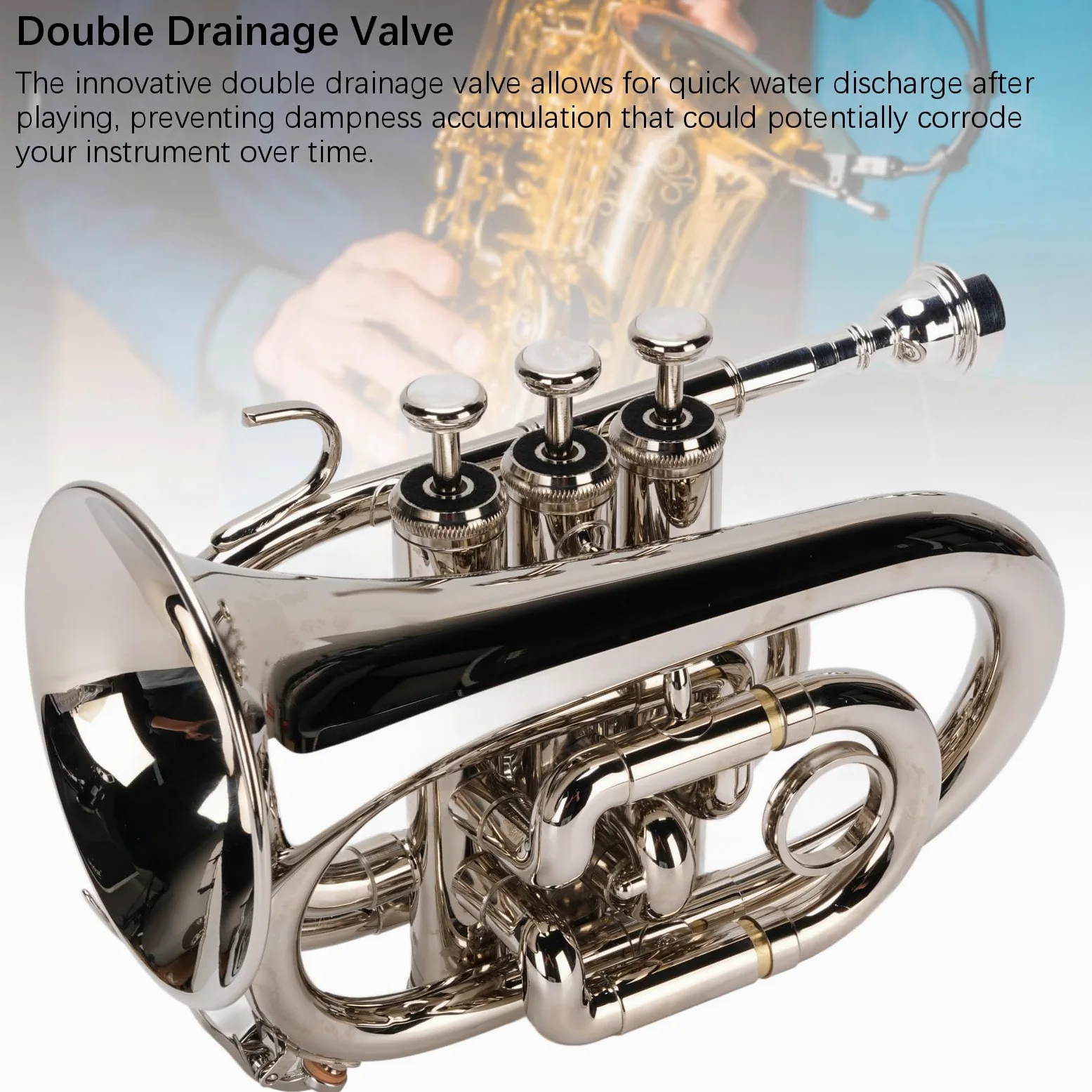 Bb-Trompete, N plattierte Basstrompete Ergonomische tragbare Bb-Taschentrompete für Anfänger, Studenten, Reisende und Profis, doppeltes Entwässerungsventil