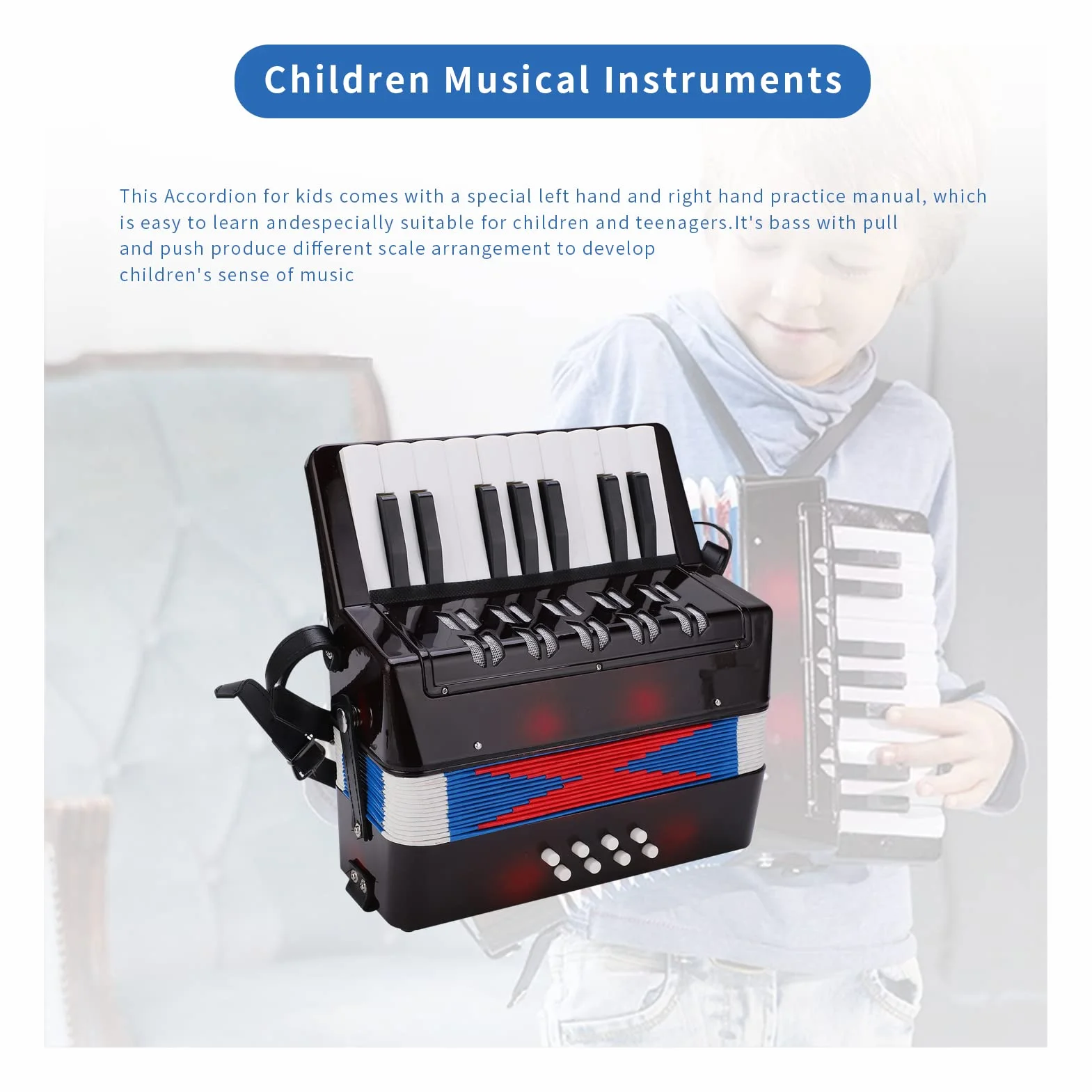Akkordeon, 17 Tasten, 8 Basskn?pfe, Mini-Akkordeon-Instrument, Spielzeug-Akkordeon-Musikinstrument mit Einziehbarem Lederriemen f¨¹r, Anf?nger, Sch¨¹ler, P?dagogisch