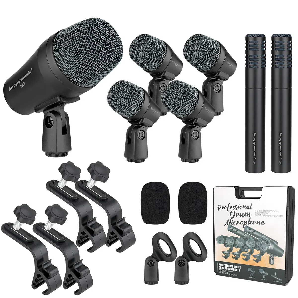 happymusic M7 Kabelgebundenes Trommelmikrofon-Set, 7-teilig, Vollmetall, dynamische Mic-Kick-Bass-Snare und Becken, Verwendung für Schlagzeug, Gesang, andere Instrumente, komplett mit