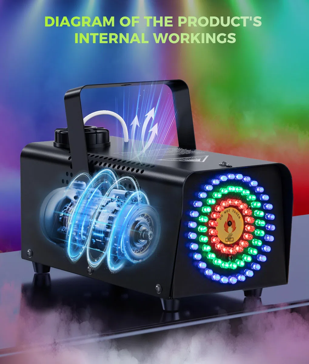 Professionelle Nebelmaschine mit sechseckigem LED-Design & 72 RGB-LEDs & Fernbedienung – 500W Leistung mit starker Sprühkraft – Ideal für Bühne, Disco, Halloween-Partys und Events (Round) | Farbenfroher Nebeleffekt,Funkfernbedienung,Rauch und Licht in ein
